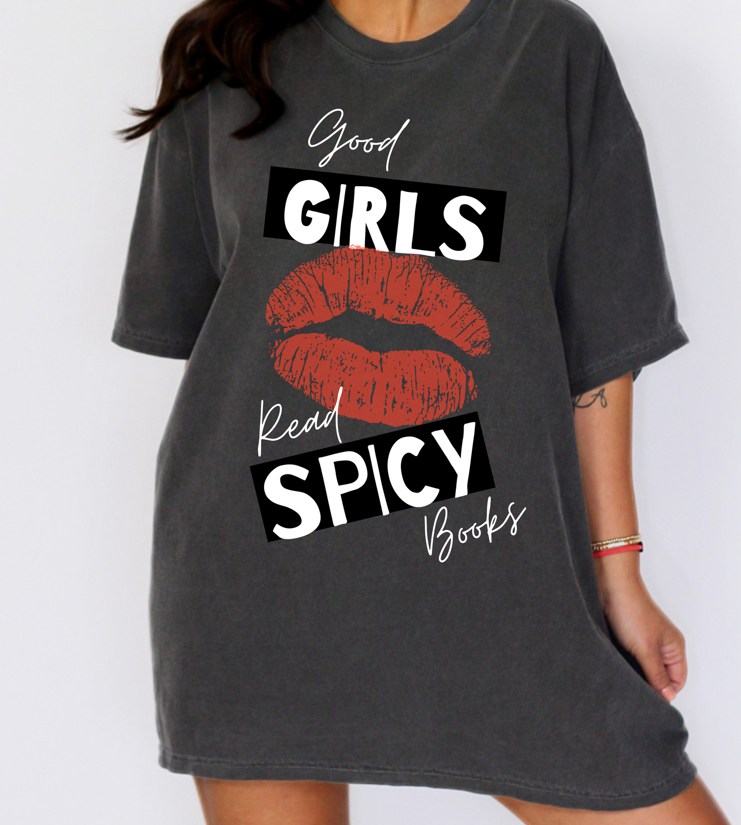 Good Girls Read Spicy Books T-Shirt | Sassy Book Lover Design with Red Lips