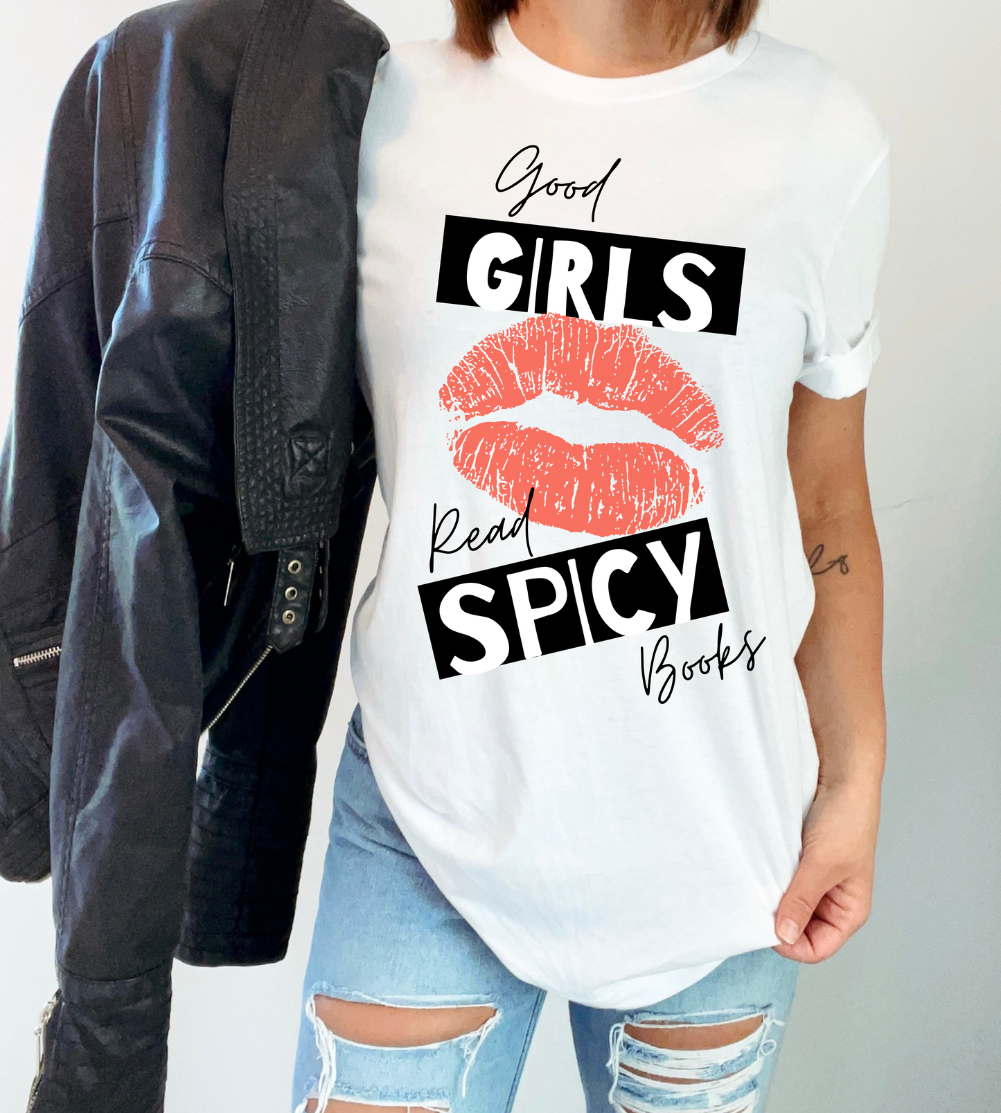 Good Girls Read Spicy Books T-Shirt | Sassy Book Lover Design with Red Lips