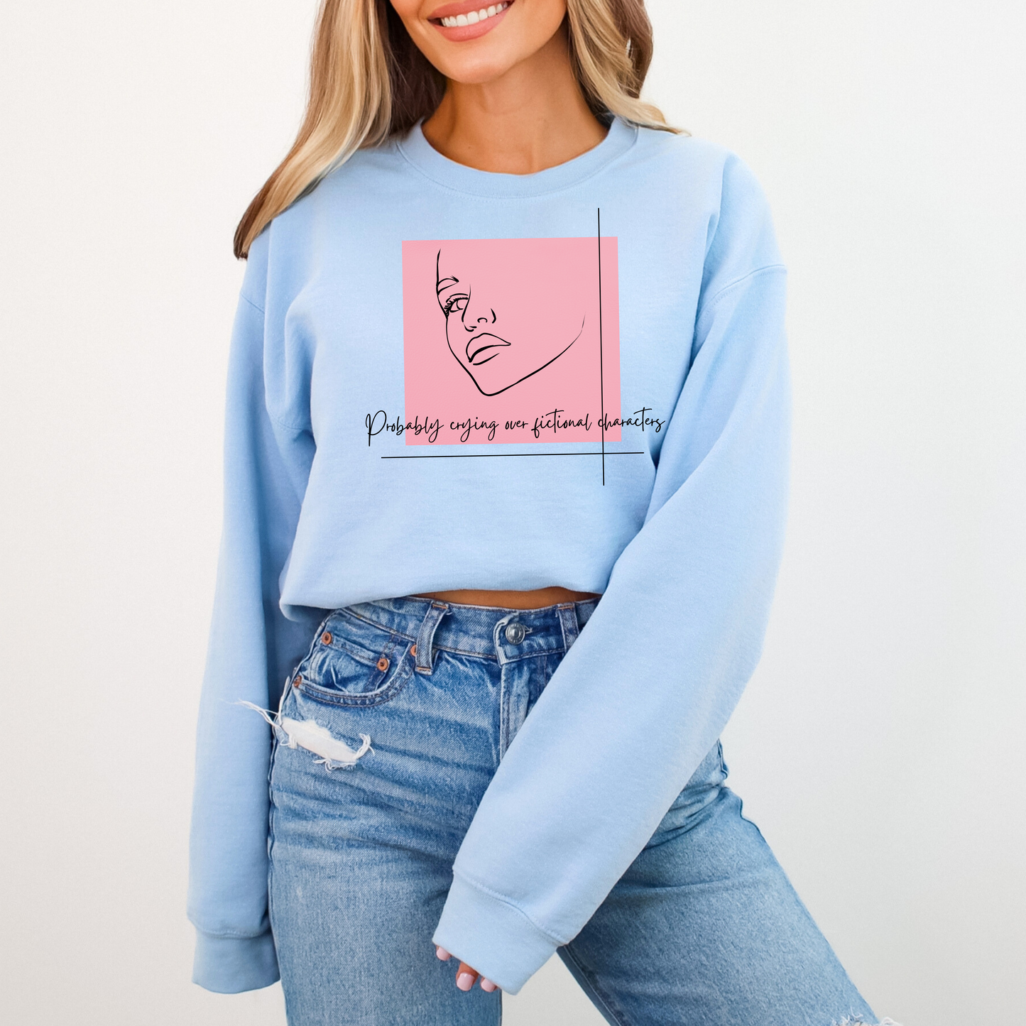 Probably Crying Over Fictional Characters Sweatshirt | Artsy Half-Face Design for Book Lovers
