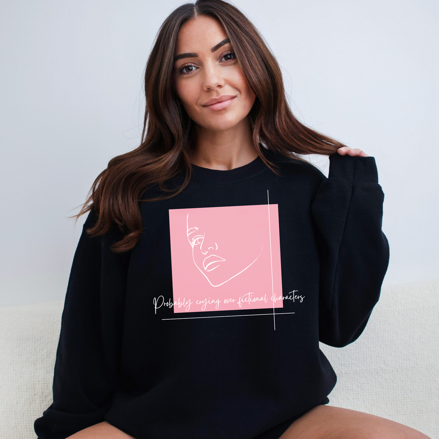Probably Crying Over Fictional Characters Sweatshirt | Artsy Half-Face Design for Book Lovers