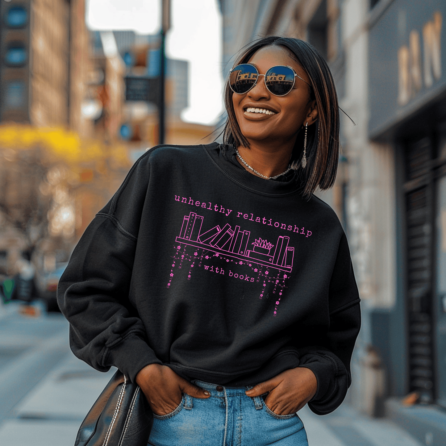 Unhealthy Relationship with Books Sweatshirt | Whimsical Bookshelf Design for Book Lovers